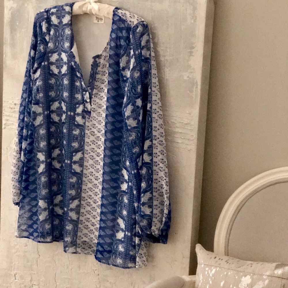 Blue and white patterned Show Me Your Mumu tunic